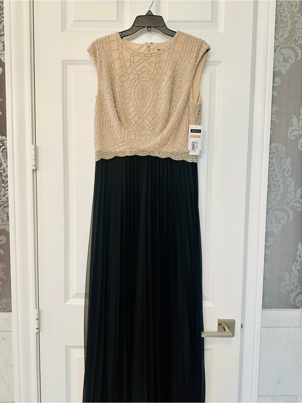 Cachet Beaded Nude Top with Black Pleated Skirt Formal Gown